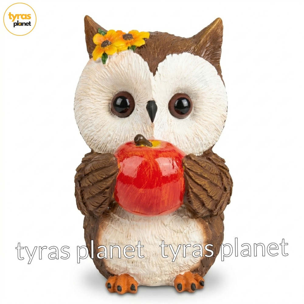 Decorative Owl Figurine Holding Red Apple Autumn Harvest Brown Cream 8in